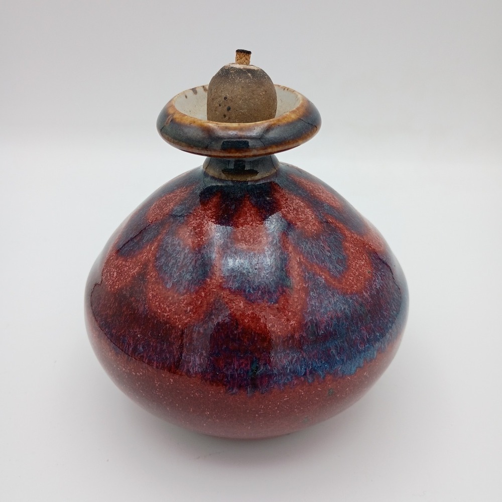 Studio Hand Crafted Art Pottery Signed Stoneware Oil Lamp Vase Red Blue Rose